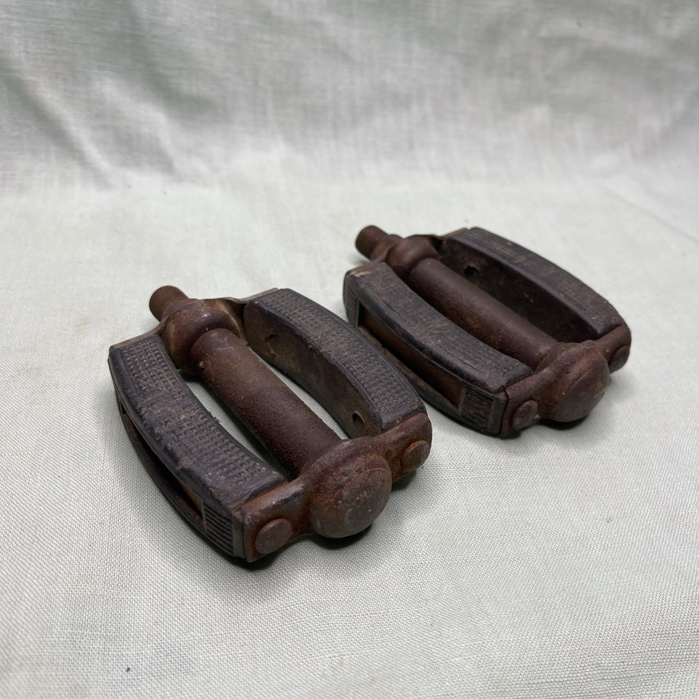 Vintage Bicycle Block Style Pedals Steel Rubber Insert Cruiser Style Pair